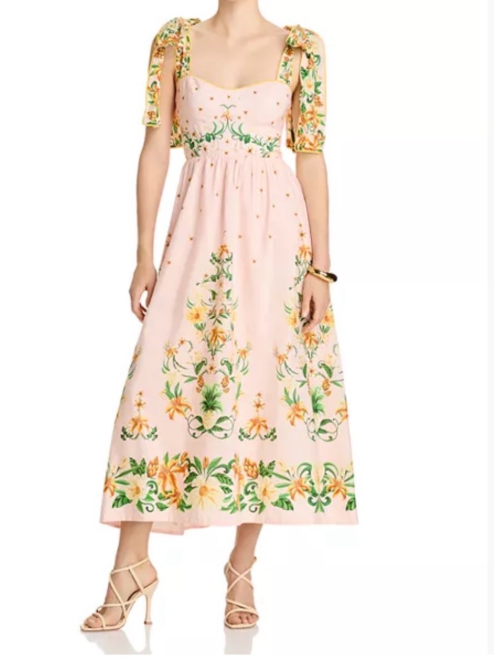 FARM Rio Botanical Beauty Midi Dress (Pink Floral Dress with Tie Straps)